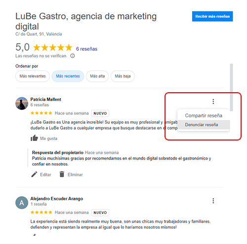 Denunciar reseña falsa Google
