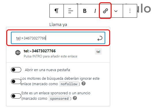 Enlace llamada Gutenberg Enlace de llamada en Gutenberg